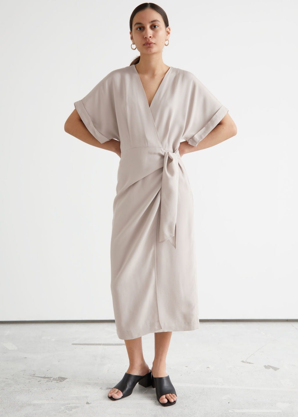 Fold-Up Sleeve Midi Wrap Dress